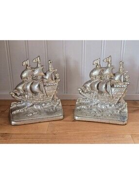 Mid-Century Modern Ships Pair of Bookends Hand Cast Quality Metalware Nautical